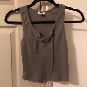 Olive Ribbed Lace-Up Crop Top